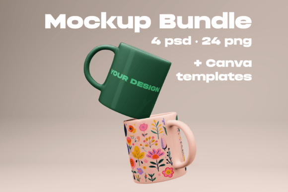 4 White Mug Mockup Bundle: Canva & PSD